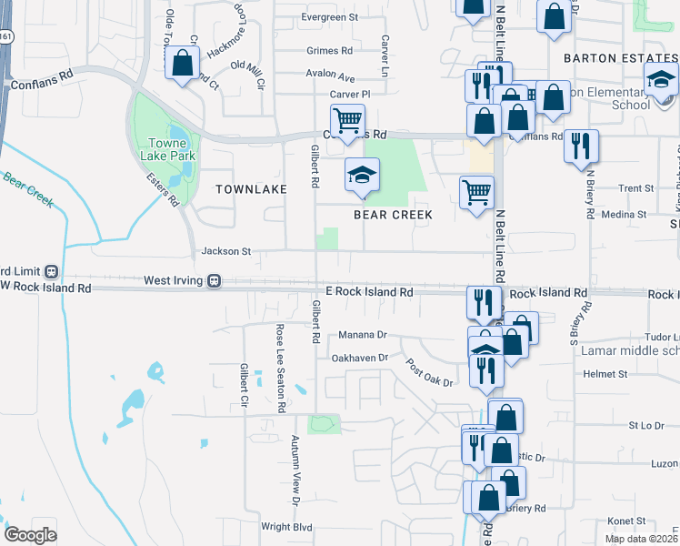 map of restaurants, bars, coffee shops, grocery stores, and more near 3938 Jackson St in Irving