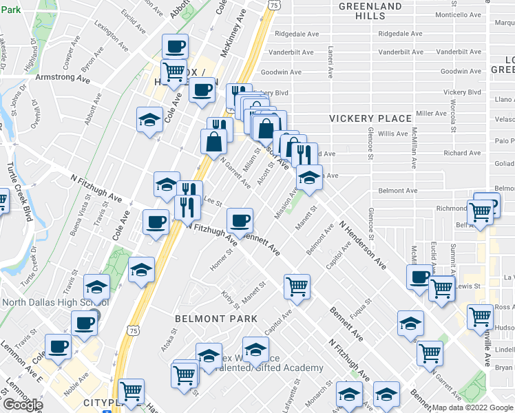 map of restaurants, bars, coffee shops, grocery stores, and more near 5034 Alcott Street in Dallas