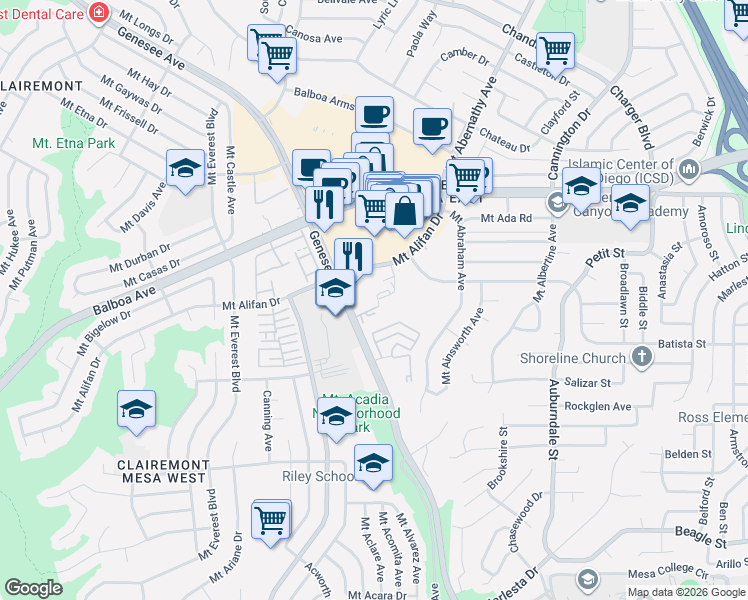 map of restaurants, bars, coffee shops, grocery stores, and more near 4113 Mount Alifan Drive in San Diego