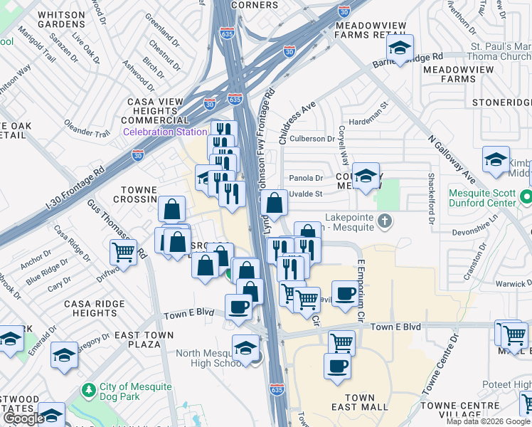 map of restaurants, bars, coffee shops, grocery stores, and more near 3865 Childress Avenue in Mesquite