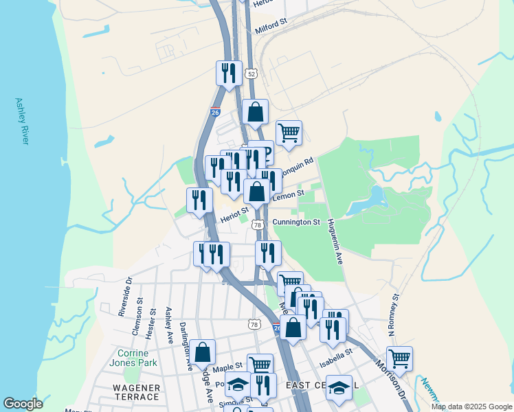map of restaurants, bars, coffee shops, grocery stores, and more near 1451 King Street in Charleston