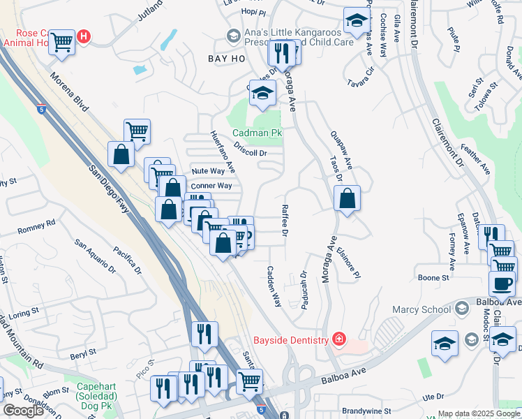 map of restaurants, bars, coffee shops, grocery stores, and more near 4132 Avati Drive in San Diego