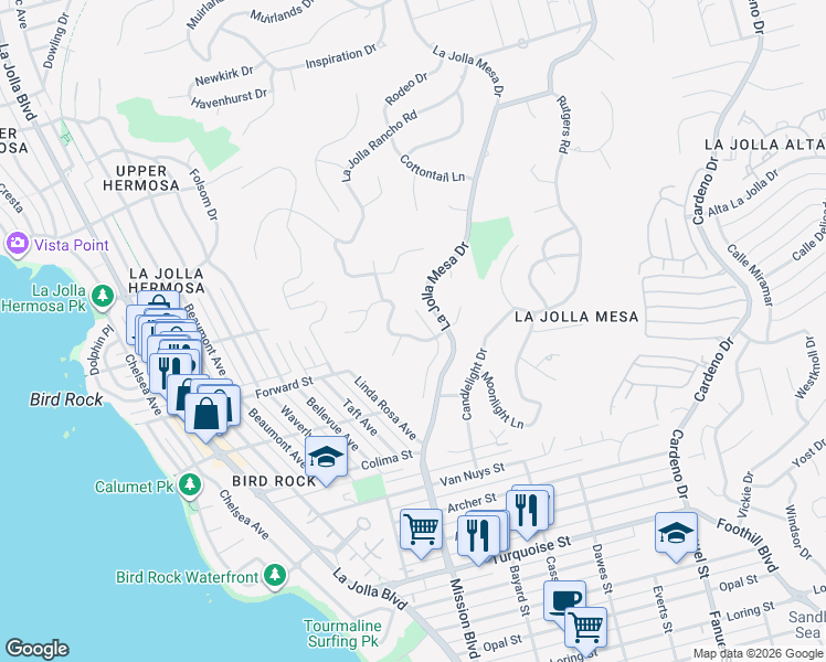 map of restaurants, bars, coffee shops, grocery stores, and more near 1114 Skylark Drive in San Diego