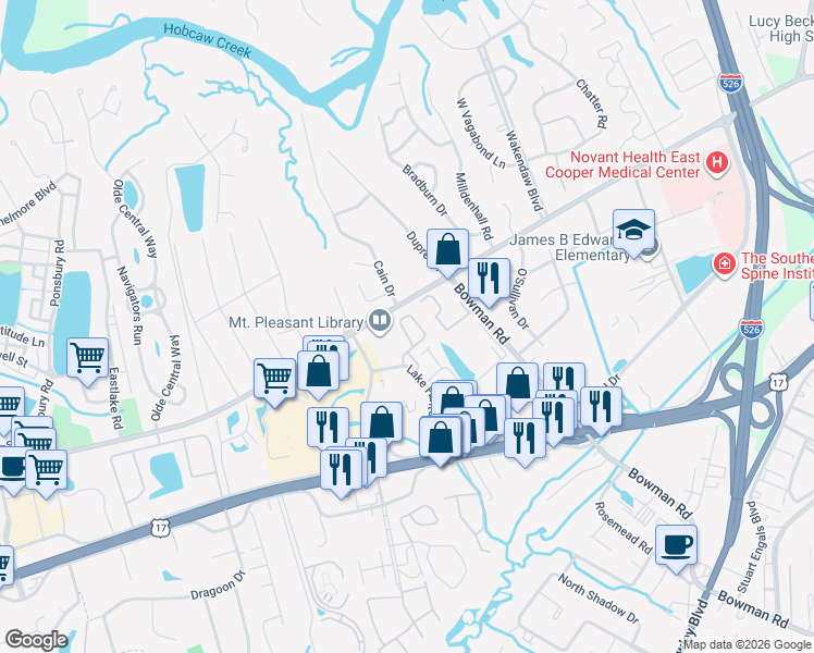 map of restaurants, bars, coffee shops, grocery stores, and more near 768 Natchez Circle in Mount Pleasant