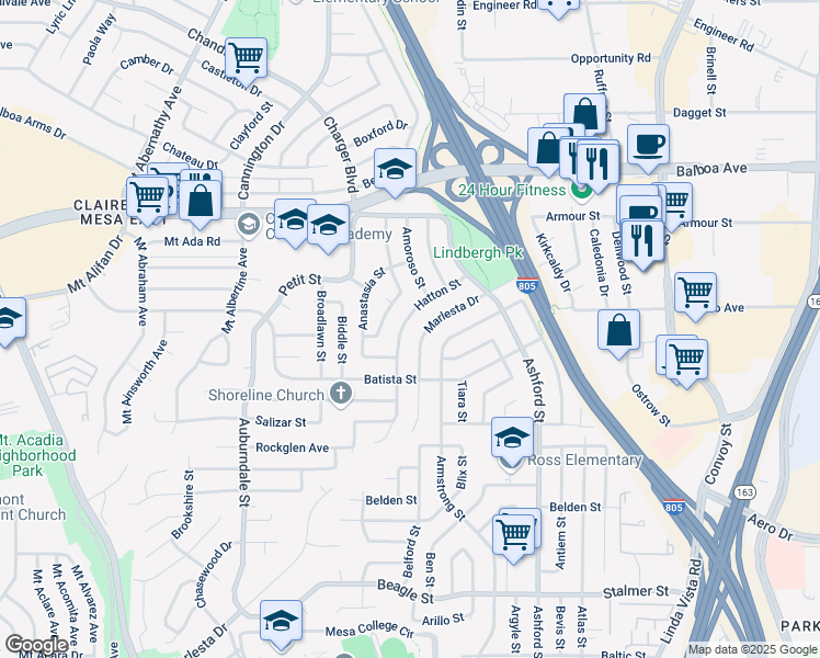 map of restaurants, bars, coffee shops, grocery stores, and more near 3981 Hatton Street in San Diego