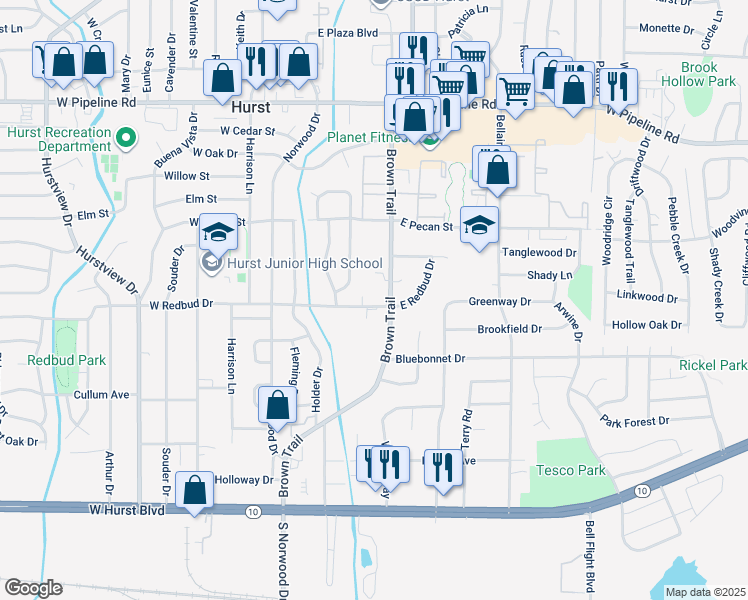 map of restaurants, bars, coffee shops, grocery stores, and more near 503 Brown Trail Court in Hurst