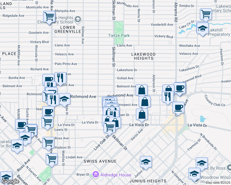 map of restaurants, bars, coffee shops, grocery stores, and more near 6042 Belmont Avenue in Dallas