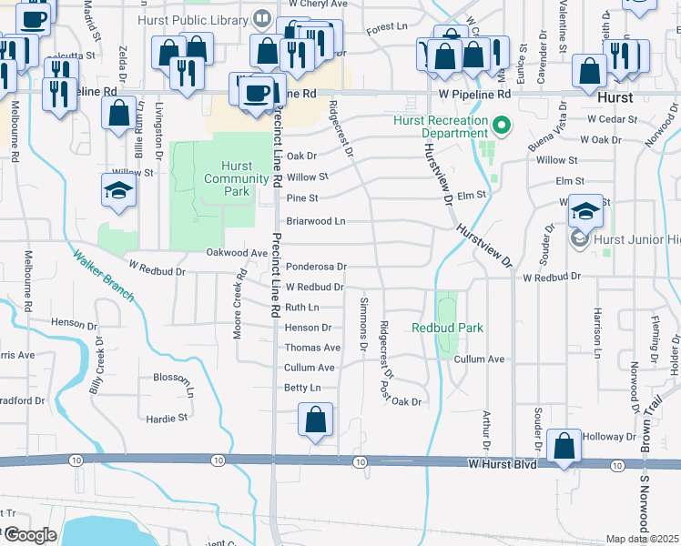 map of restaurants, bars, coffee shops, grocery stores, and more near 728 Ponderosa Drive in Hurst