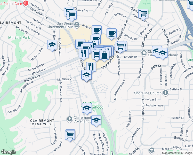 map of restaurants, bars, coffee shops, grocery stores, and more near 4113 Mount Alifan Drive in San Diego