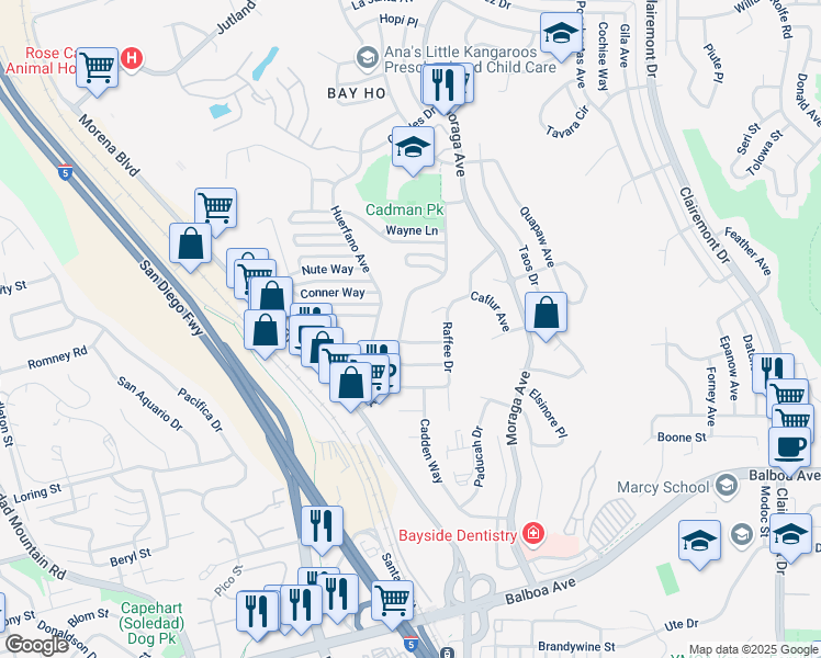map of restaurants, bars, coffee shops, grocery stores, and more near 4132 Avati Drive in San Diego