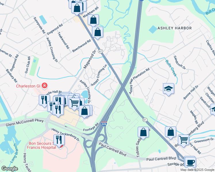 map of restaurants, bars, coffee shops, grocery stores, and more near 2225 Ashley River Road in Charleston
