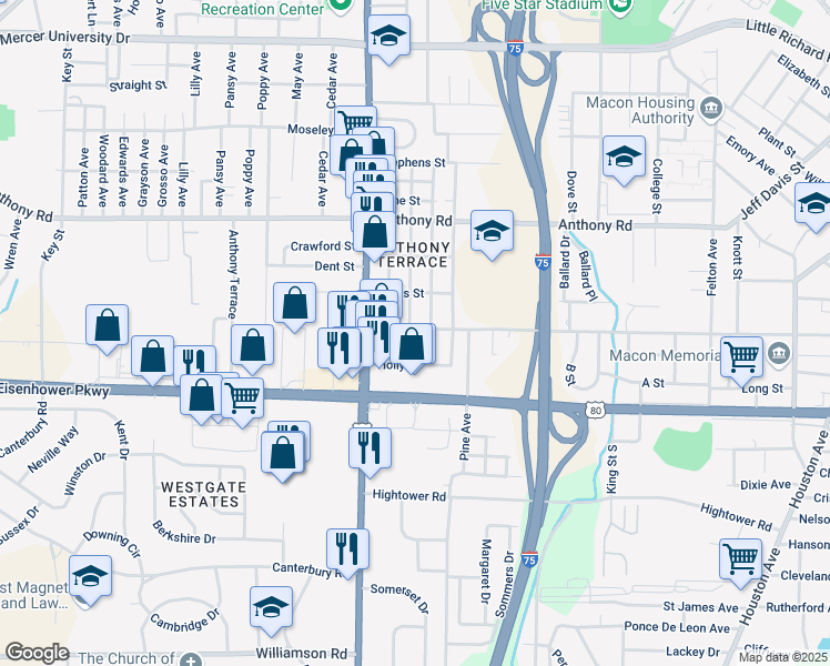 map of restaurants, bars, coffee shops, grocery stores, and more near 2380 Adams Avenue in Macon