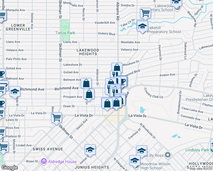 map of restaurants, bars, coffee shops, grocery stores, and more near 6334 Belmont Avenue in Dallas