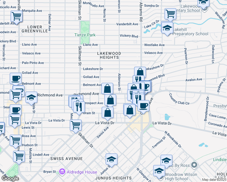 map of restaurants, bars, coffee shops, grocery stores, and more near 6226 Belmont Avenue in Dallas