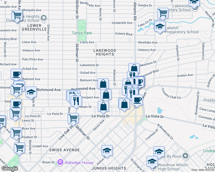 map of restaurants, bars, coffee shops, grocery stores, and more near 6226 Belmont Avenue in Dallas