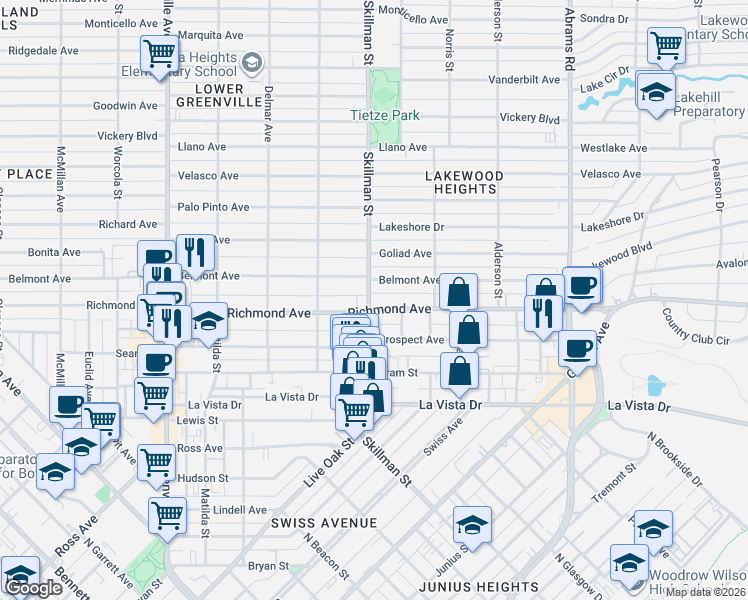 map of restaurants, bars, coffee shops, grocery stores, and more near 6042 Belmont Avenue in Dallas