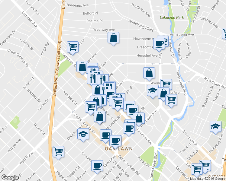 map of restaurants, bars, coffee shops, grocery stores, and more near 3624 Douglas Avenue in Dallas