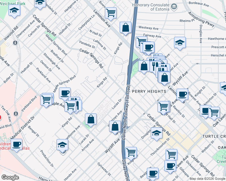 map of restaurants, bars, coffee shops, grocery stores, and more near 4533 Cedar Springs Road in Dallas