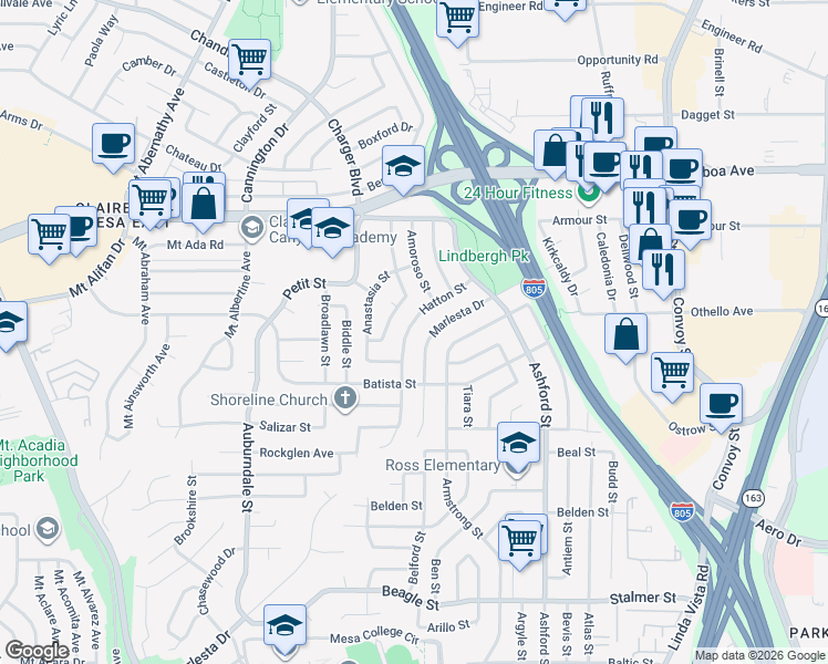 map of restaurants, bars, coffee shops, grocery stores, and more near 3981 Hatton Street in San Diego