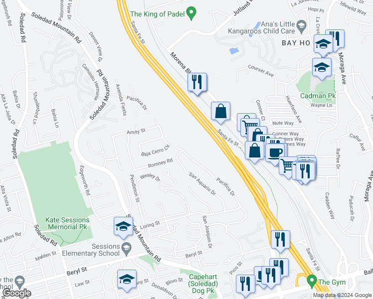 map of restaurants, bars, coffee shops, grocery stores, and more near 5177 Pacifica Drive in San Diego