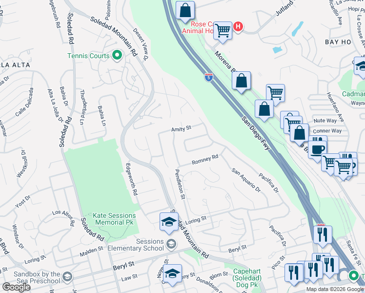 map of restaurants, bars, coffee shops, grocery stores, and more near 2402 Alto Cerro Circle in San Diego