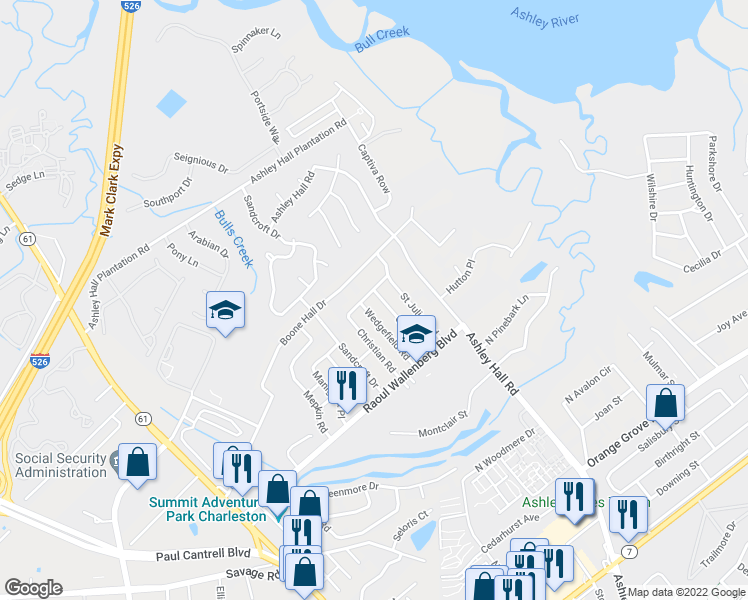 map of restaurants, bars, coffee shops, grocery stores, and more near 1877 Christian Road in Charleston