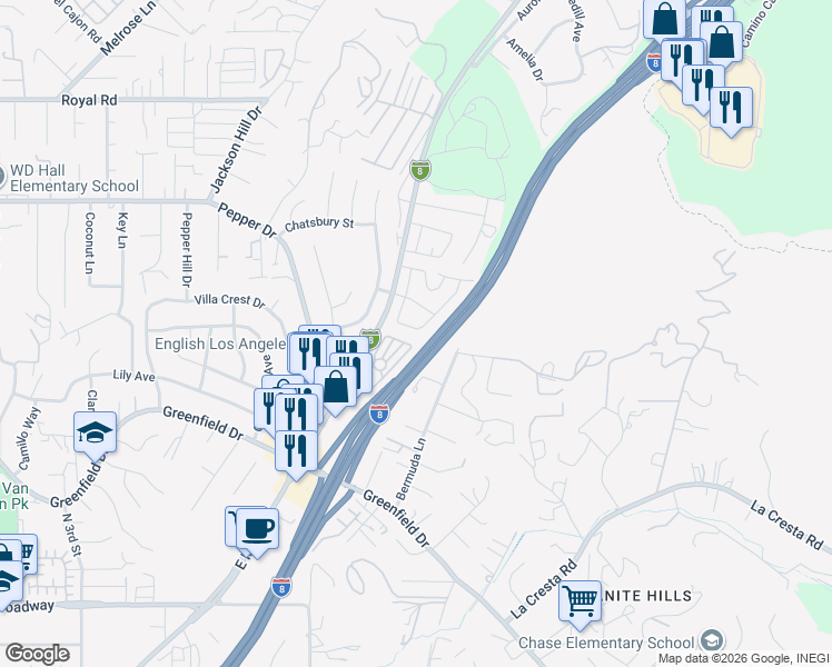 map of restaurants, bars, coffee shops, grocery stores, and more near 1829 Olivia Street in El Cajon