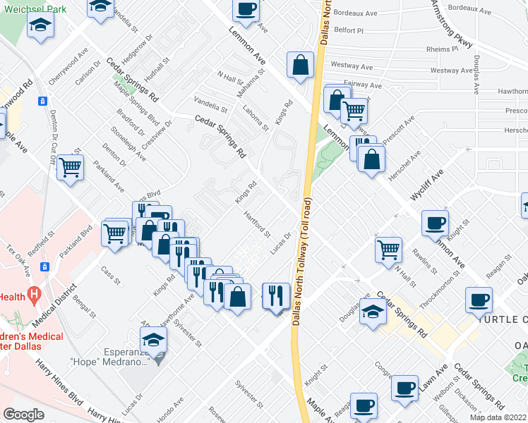 map of restaurants, bars, coffee shops, grocery stores, and more near 4605 Raleigh Street in Dallas