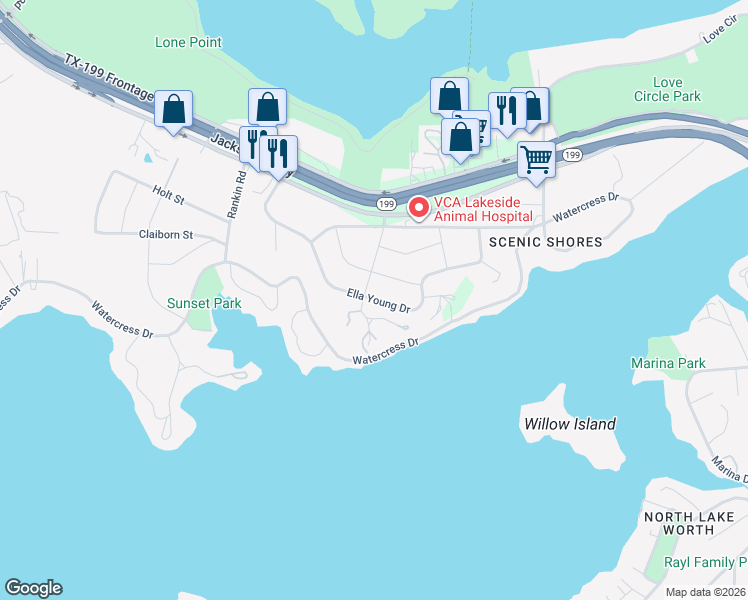 map of restaurants, bars, coffee shops, grocery stores, and more near 7857 Ella Young Drive in Fort Worth