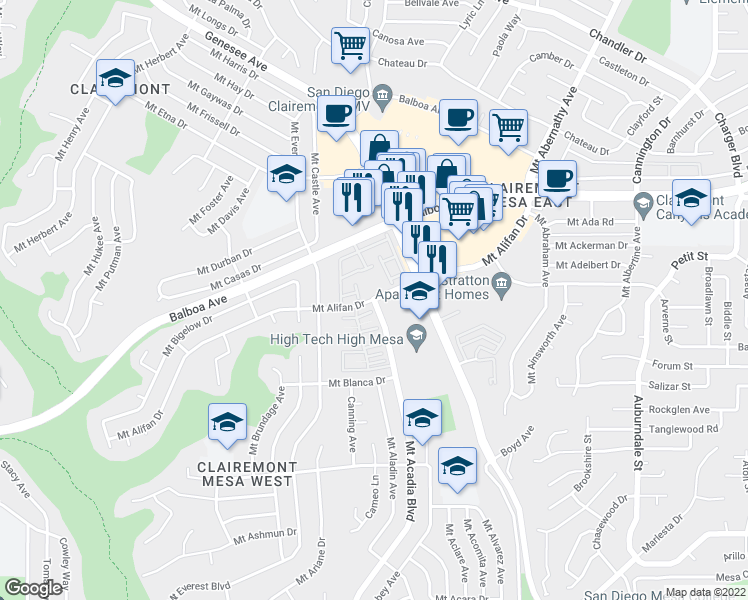 map of restaurants, bars, coffee shops, grocery stores, and more near Mt Acadia Blvd & Mt Alifan Dr in San Diego
