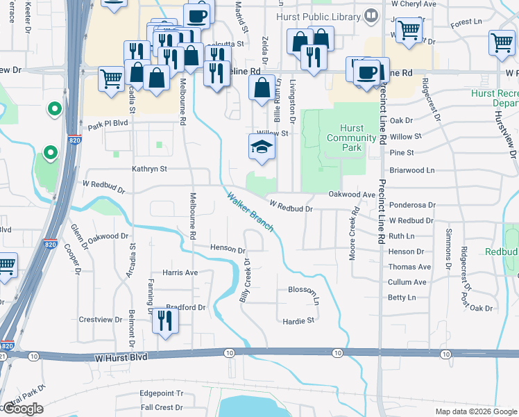 map of restaurants, bars, coffee shops, grocery stores, and more near 941 West Redbud Drive in Hurst