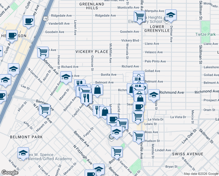 map of restaurants, bars, coffee shops, grocery stores, and more near 5442 Belmont Avenue in Dallas