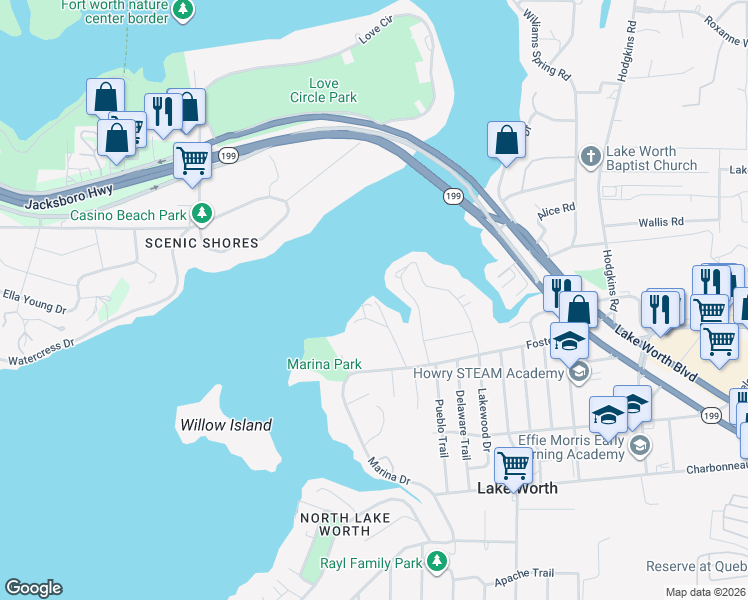 map of restaurants, bars, coffee shops, grocery stores, and more near 4220 Rench Road in Fort Worth