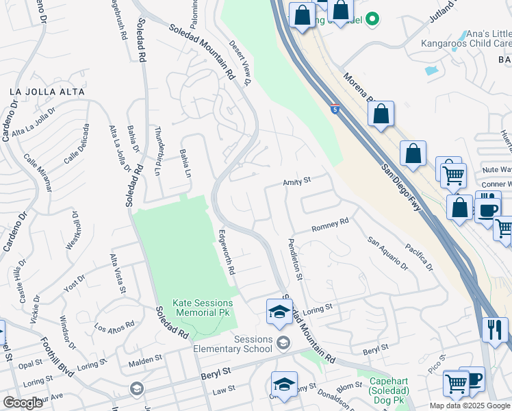 map of restaurants, bars, coffee shops, grocery stores, and more near 2245 Soledad Rancho Road in San Diego