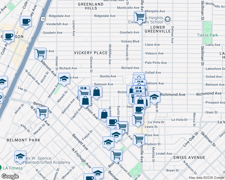 map of restaurants, bars, coffee shops, grocery stores, and more near 5503 Richmond Avenue in Dallas