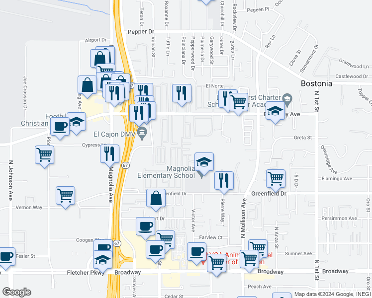 map of restaurants, bars, coffee shops, grocery stores, and more near 351 East Bradley Avenue in El Cajon