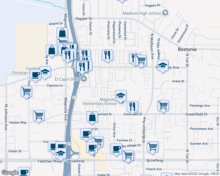 map of restaurants, bars, coffee shops, grocery stores, and more near 351 East Bradley Avenue in El Cajon