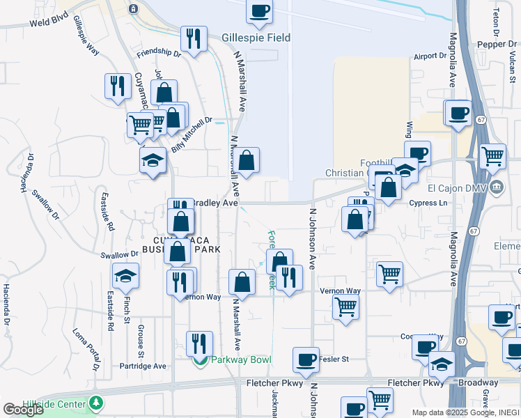 map of restaurants, bars, coffee shops, grocery stores, and more near 1001 West Bradley Avenue in El Cajon
