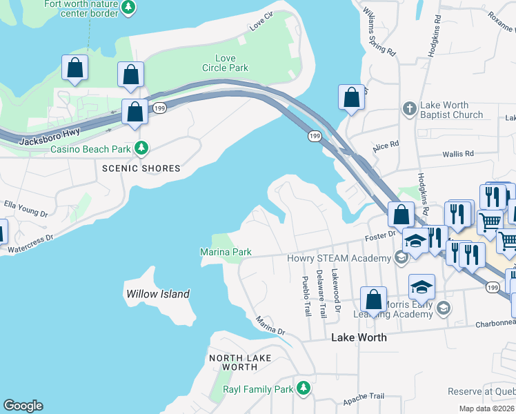 map of restaurants, bars, coffee shops, grocery stores, and more near 4220 Rench Road in Fort Worth