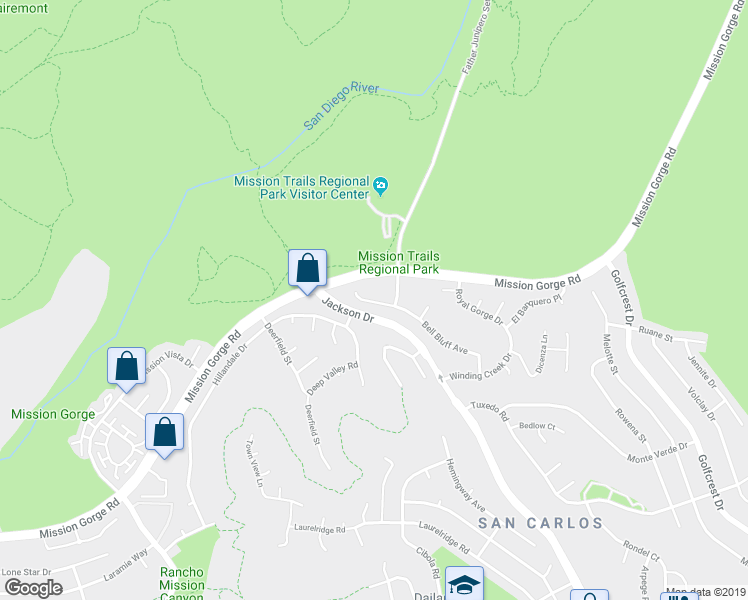 map of restaurants, bars, coffee shops, grocery stores, and more near 6474 Bell Bluff Avenue in San Diego