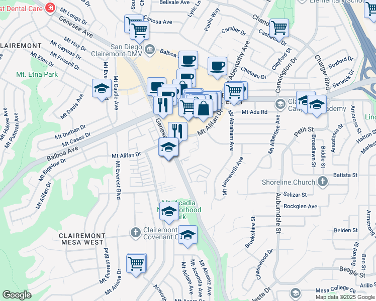 map of restaurants, bars, coffee shops, grocery stores, and more near 4113 Mount Alifan Drive in San Diego