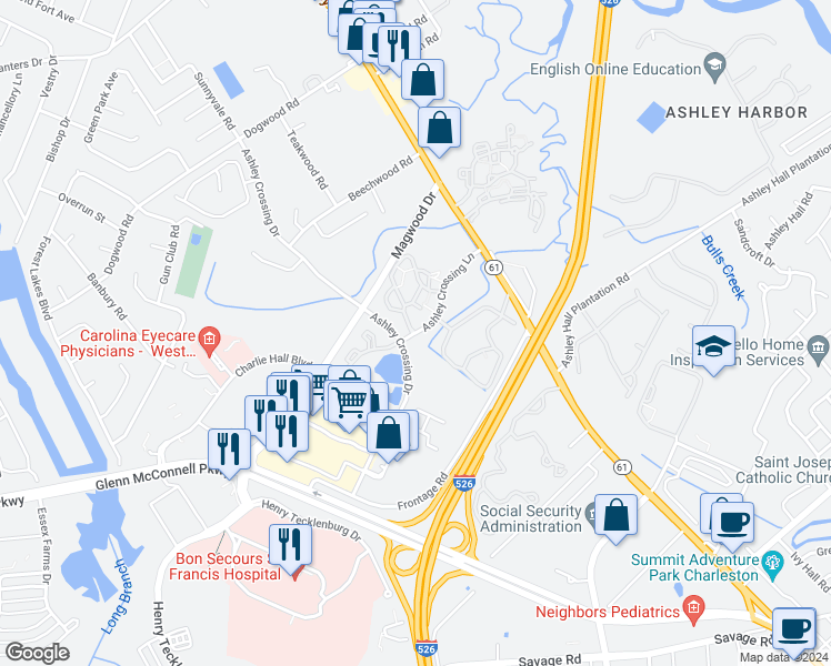 map of restaurants, bars, coffee shops, grocery stores, and more near 1805 Ashley Crossing Lane in Charleston