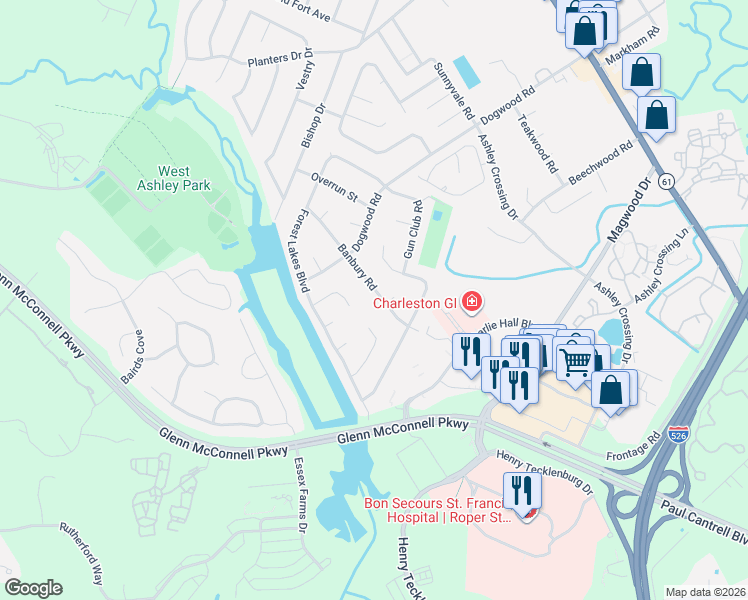 map of restaurants, bars, coffee shops, grocery stores, and more near 1816 Banbury Road in Charleston