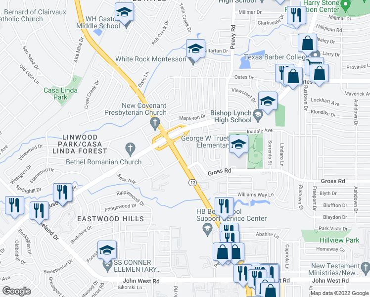 map of restaurants, bars, coffee shops, grocery stores, and more near 9520 Ferguson Road in Dallas