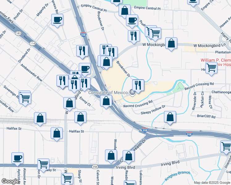 map of restaurants, bars, coffee shops, grocery stores, and more near 7050 North Stemmons Freeway in Dallas