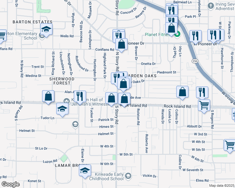 map of restaurants, bars, coffee shops, grocery stores, and more near 201 North Story Road in Irving