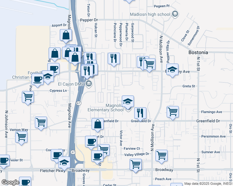 map of restaurants, bars, coffee shops, grocery stores, and more near 351 East Bradley Avenue in El Cajon