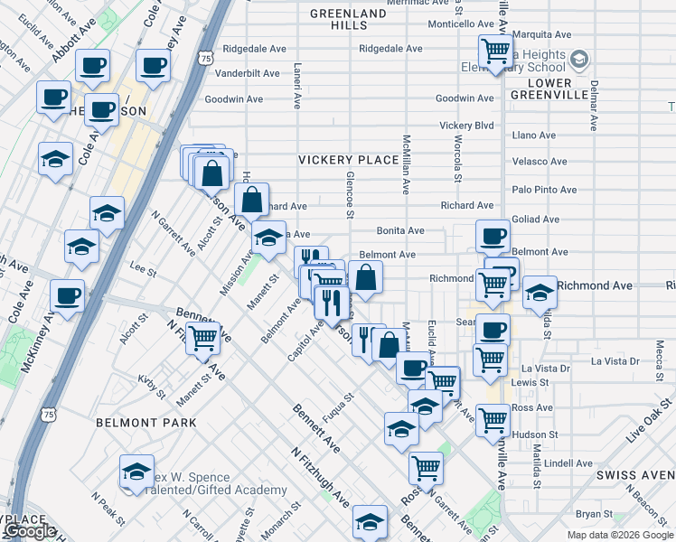 map of restaurants, bars, coffee shops, grocery stores, and more near 5314 Belmont Avenue in Dallas