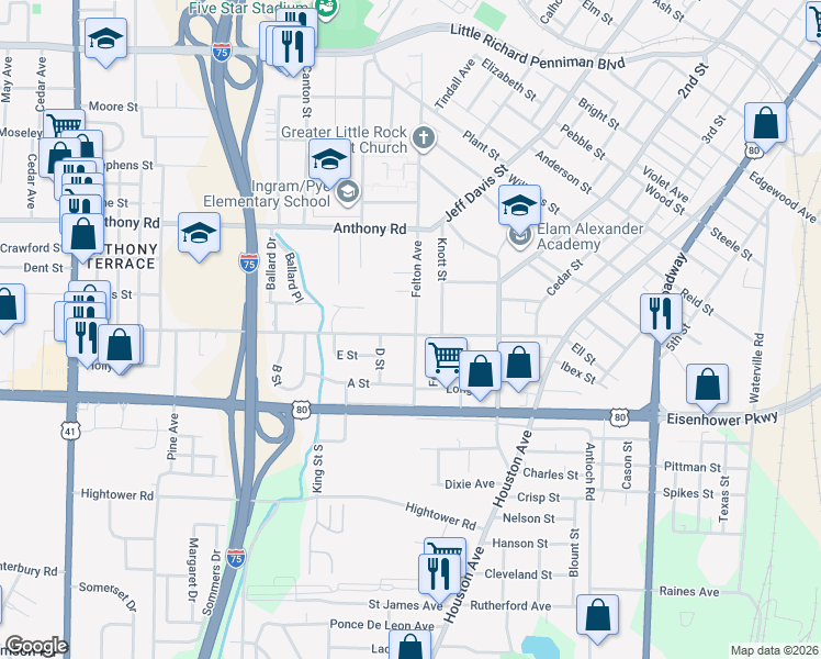 map of restaurants, bars, coffee shops, grocery stores, and more near 2362 Felton Avenue in Macon