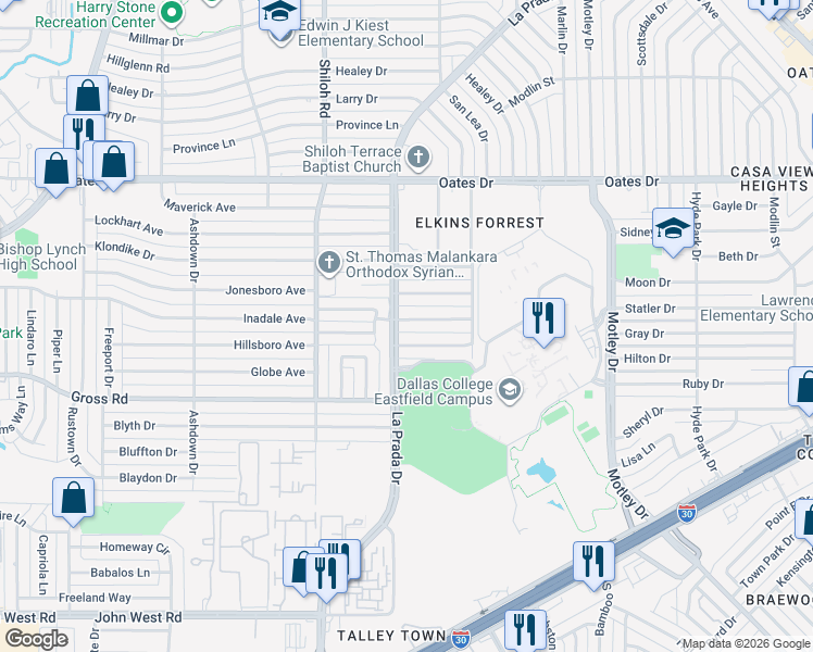 map of restaurants, bars, coffee shops, grocery stores, and more near 2919 Scottsbluff Drive in Dallas